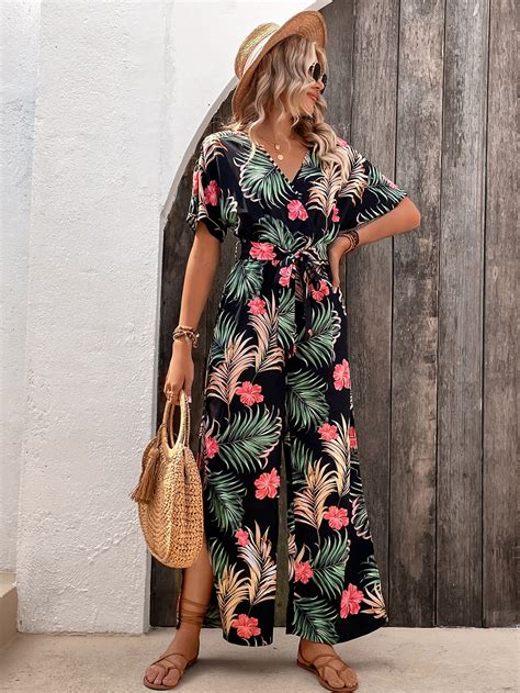 Shein Vcay Tropical Print Split Thigh Belted Wide Leg Jumpsuit Shein Usa