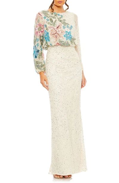 Mac Duggal Embellished Sequin Long Sleeve Blouson Gown In Beige Multi