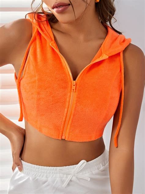 Shein Ezwear Neon Orange Hooded Neck Zip Front Tank Top Shein Usa