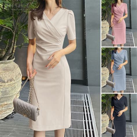 Esolo Zanzea Korean Style Women Puff Short Sleeve V Neck Midi Dress