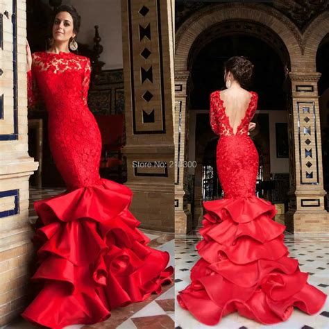 Red Lace Mermaid Backless Prom Dresses Long Sleeves Pageant Dresses