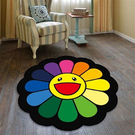 Murakami Flower Sunflower Smiley Round Carpet Area Rug Supreme