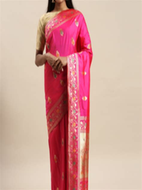 Buy Sangam Prints Pink And Gold Toned Pure Silk Woven Design Saree