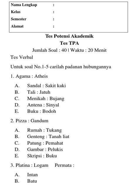 Latihan Soal Tes Potensi Akademik Potensi Free Pdf Tes Akademik