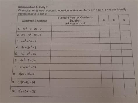 Independent Activity 2 Directions Write Each Quadratic Equation In Standard Form Ax Bx C