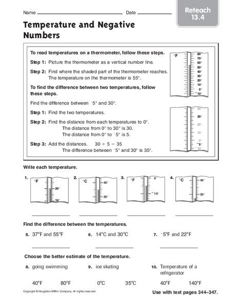 Temperature And Negative Numbers Worksheet For 3rd 5th Grade Lesson