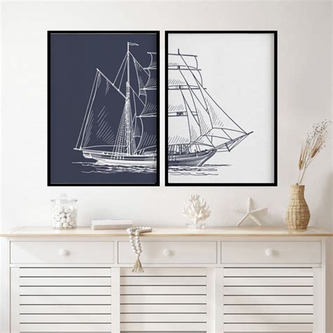 Quadros Decorativos Navio Azul Branco Moderno Ilustra O Elo