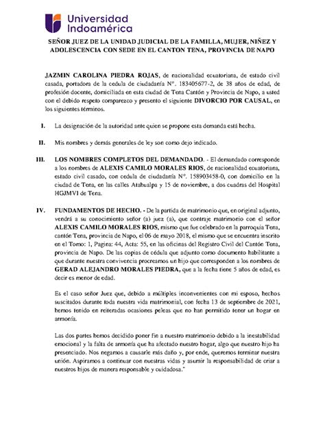 Tarea 03 Demanda De Divorcio Por Causal Falta De Armonia En El Hogar