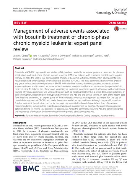 Pdf Management Of Adverse Events Associated With Bosutinib Treatment Of Chronic Phase Chronic