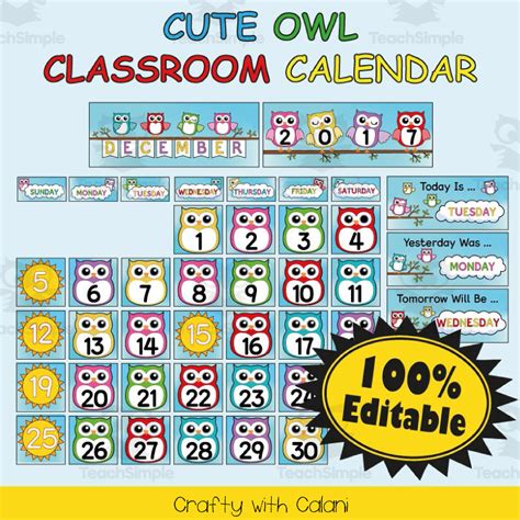 Classroom Calendar Decoration In Cute Owl Theme 100 Editble By Teach Simple