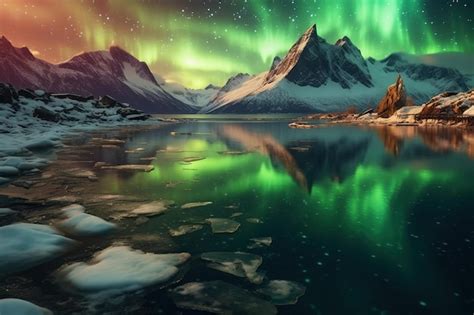 Premium Ai Image Aurora Borealis Over Snowy Mountains Frozen Sea