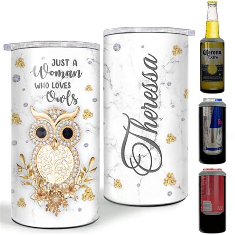 Personalized A Woman Loves Owl Can Cooler Jewelry Style