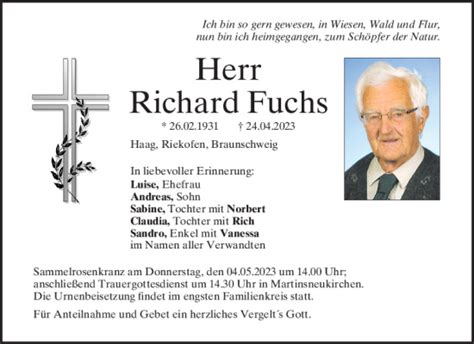 Traueranzeigen Von Richard Fuchs Mittelbayerische Trauer