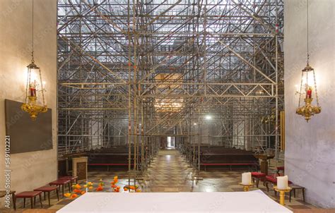 Construction Site Scaffolding In The Interior Renovation Of A Church