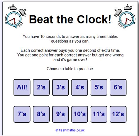 Beat The Clock Times Tables Multiplication Tables Games Times Tables