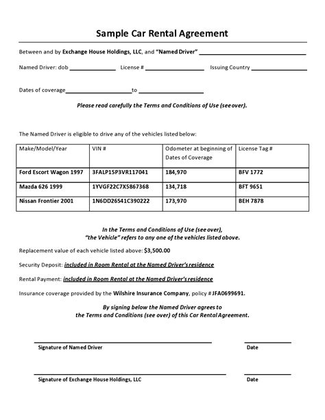 38 Free Car Rental Agreements And Forms Templatelab