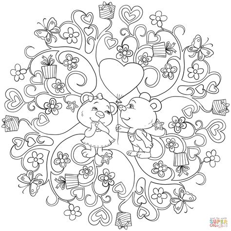 Dibujo de Mandala de San Valentín con dos Ositos para colorear