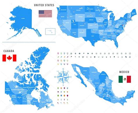 Mapas De Canad Estados Unidos Y M Xico Con Location Navigation Iconos