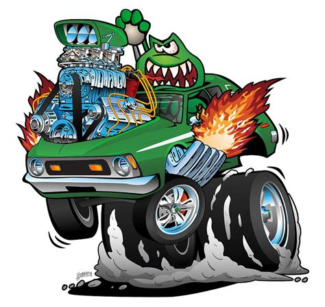 Seventies Green Hot Rod Cartoon Vector Illustration Cool Car Drawings ...