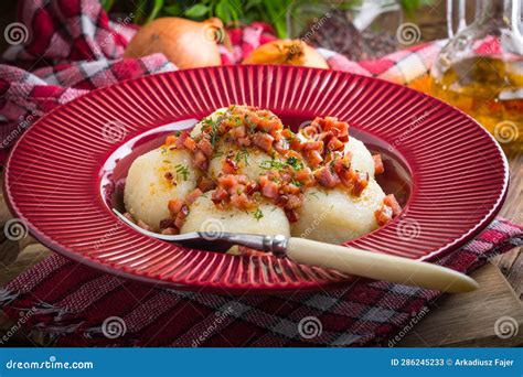 Potato Dumplings With Bacon Stock Image Image Of Dish Butter