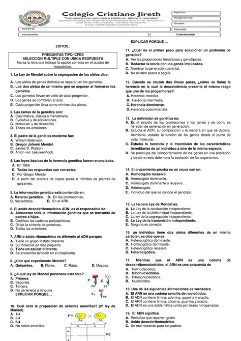 Ejercicios Leyes DE Mendel EXITOS PREGUNTAS TIPO ICFES SELECCIÓN