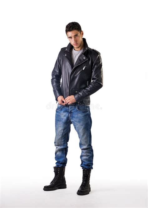 Handsome Young Man Wearing Leather Jacket, T-shirt Stock Photo - Image ...