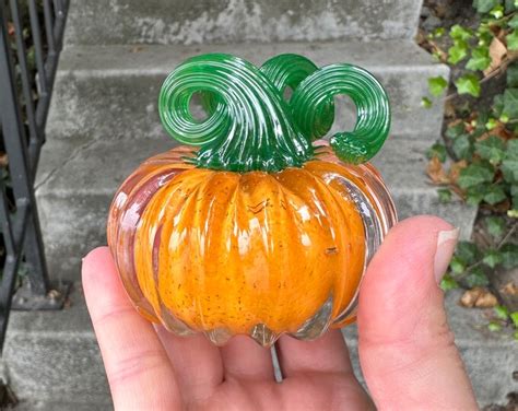 Orange Glass Pumpkin Green Stem Solid Glass Paperweight 2 5 Small Squash Sculpture Autumn