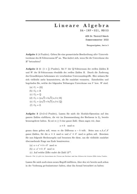 Bungsblatt Lineare Algebra L I N