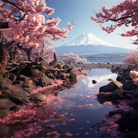 Foto panorâmica de cerejeiras caídas contra o monte fuji ao fundo