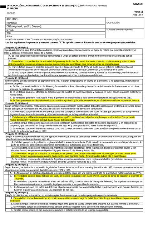 Icse Primer Parcial Tema Claves De Correccion Parcial