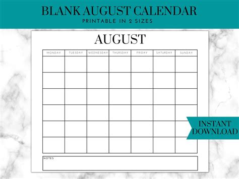 August Printable Calendar Blank Calendar Printable Printable Calendar