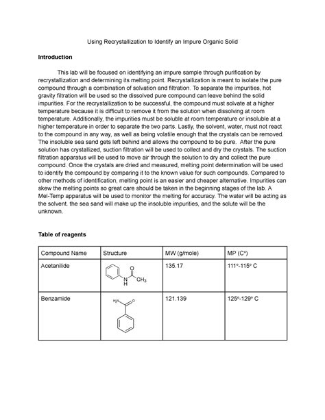 CHEM 2211L 1 Lab Report Using Recrystallization To Identify An Impure