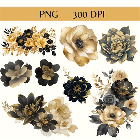 Stunning Watercolor Black And Gold Flower Clipart Printable Png Files