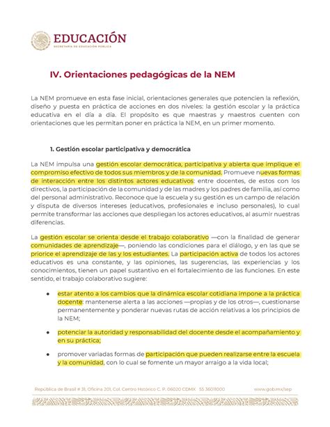 La NEM Principios Y Orientaciones Pedagogicas Anexo IV IV