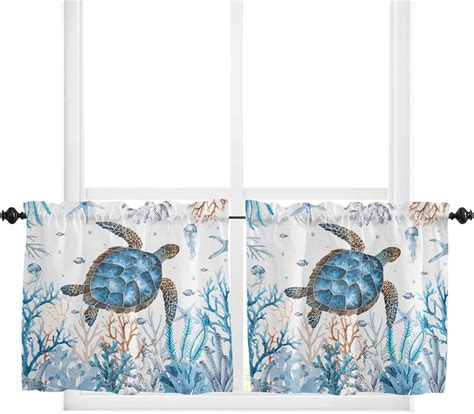 Amazon Yokou Kitchen Curtain Valance Sea Turtle Summer Ocean Sea