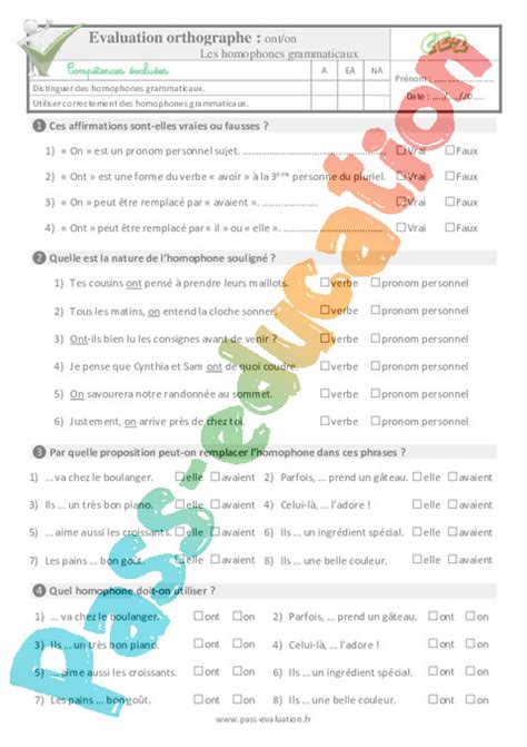 Les Homophones Grammaticaux Ont On Examen Evaluation Fiches QCM