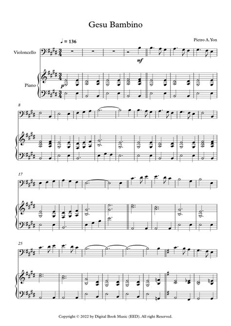 Gesu Bambino The Infant Jesus Pietro A Yon Cello Piano Arr