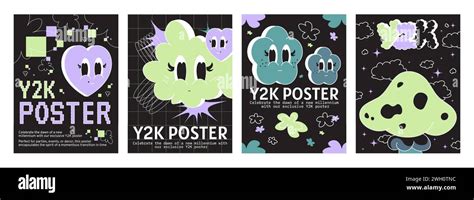 Y2k vibe groovy posters with heart, mushroom, flower, cloud shape emoji ...