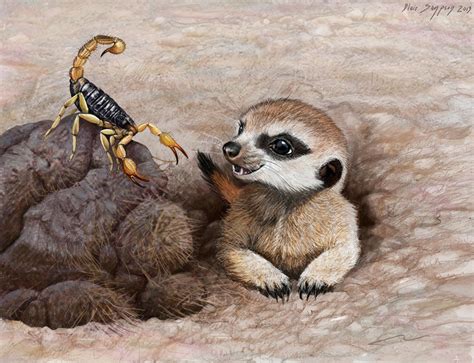 Meerkat Pup and Scorpion, breakfast on the go by Psithyrus on DeviantArt