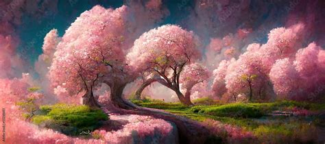 Magical forest of pink cherry blossom trees, tranquil surreal fantasy ...