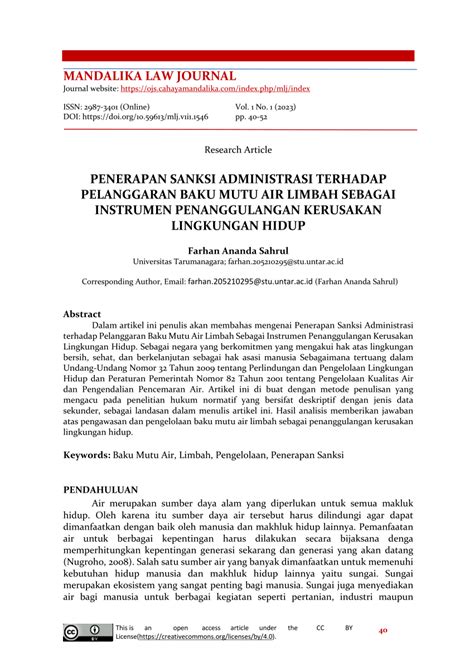 Pdf Penerapan Sanksi Administrasi Terhadap Pelanggaran Baku Mutu Air