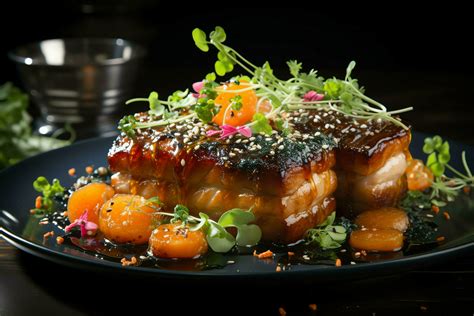 A delicious crispy pork belly fancy on plate. Restaurant food and asian