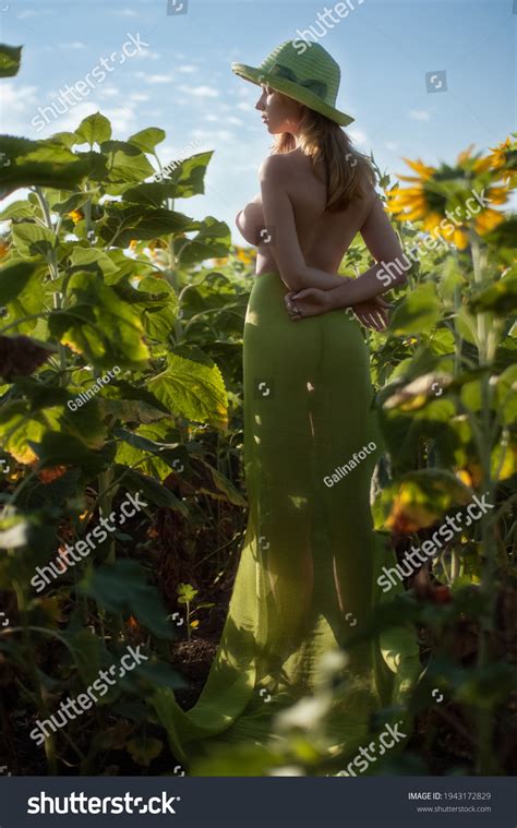 Naked Slender Girl Large Breasts Green Stock Photo