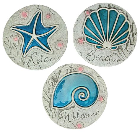 3 Piece Blue Seashell Beach Design Cement Wall Hanging Set Beach