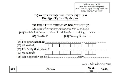 Mẫu số 04 TNDN Tờ khai thuế TNDN áp dụng đối với phương pháp tỷ lệ trên