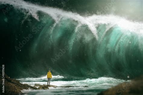 Man In Front Of A Tsunami Stock Photo Adobe Stock