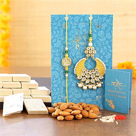 Yellow Pearl Lumba Rakhi Set And Almonds With Kaju Katli Exp Uk Gift