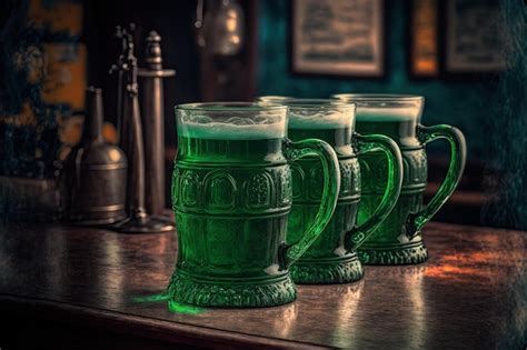 Tres Jarras De Cerveza Verde En El Bar En El Pub S Mbolo De La