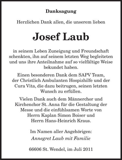 Traueranzeigen Von Josef Laub Saarbruecker Zeitung Trauer De