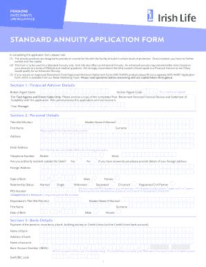 Fillable Online Irishlifecorporatebusiness Standard Annuity Application